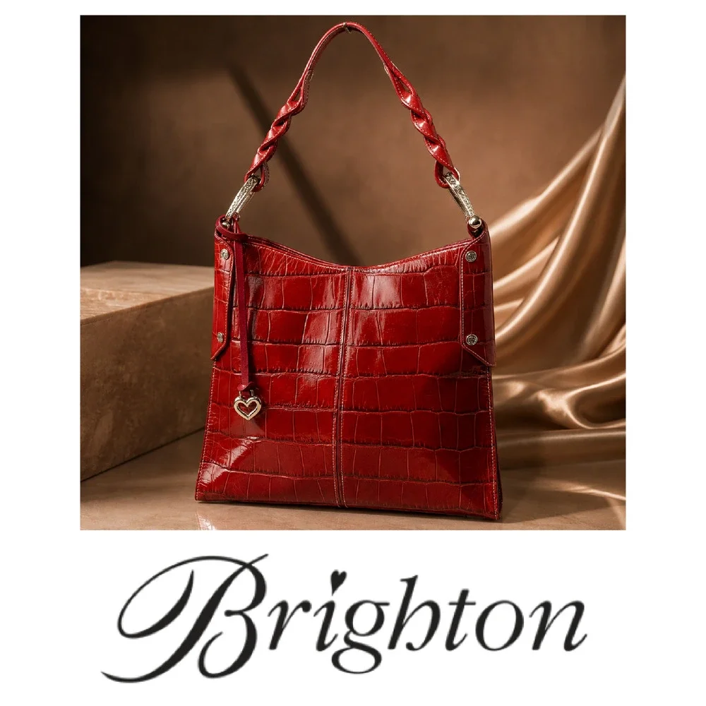 Brighton Muse Red Croc Embossed Patent Leather Shoulder Bag Heart Charm Braided